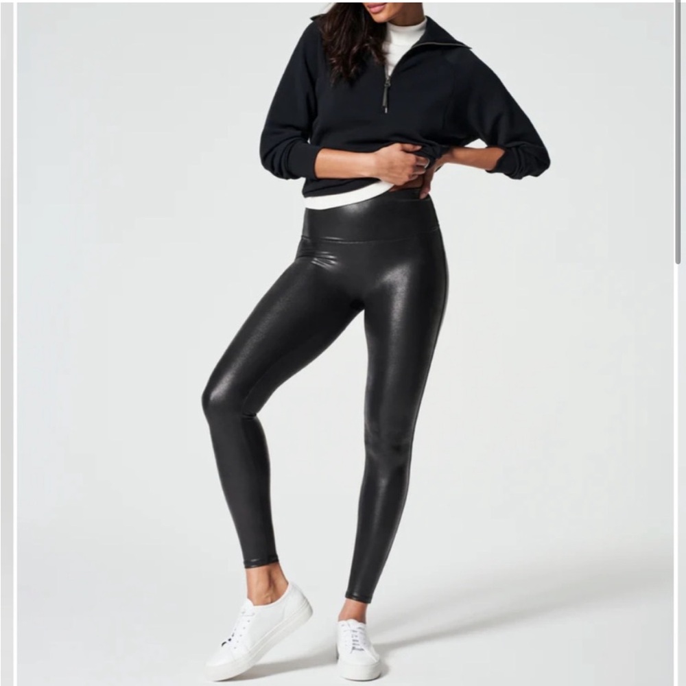 Spanx Faux Leather Leggings Black XS High Rise Moto Look Pull On Vegan Leather